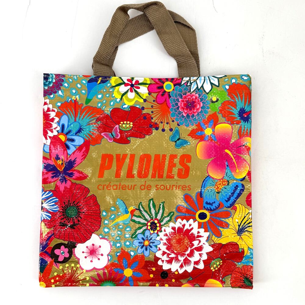 Pylones Gold Floral Reusable Shopping Tote Bag 11.5" T X 12" W X 2.75" D